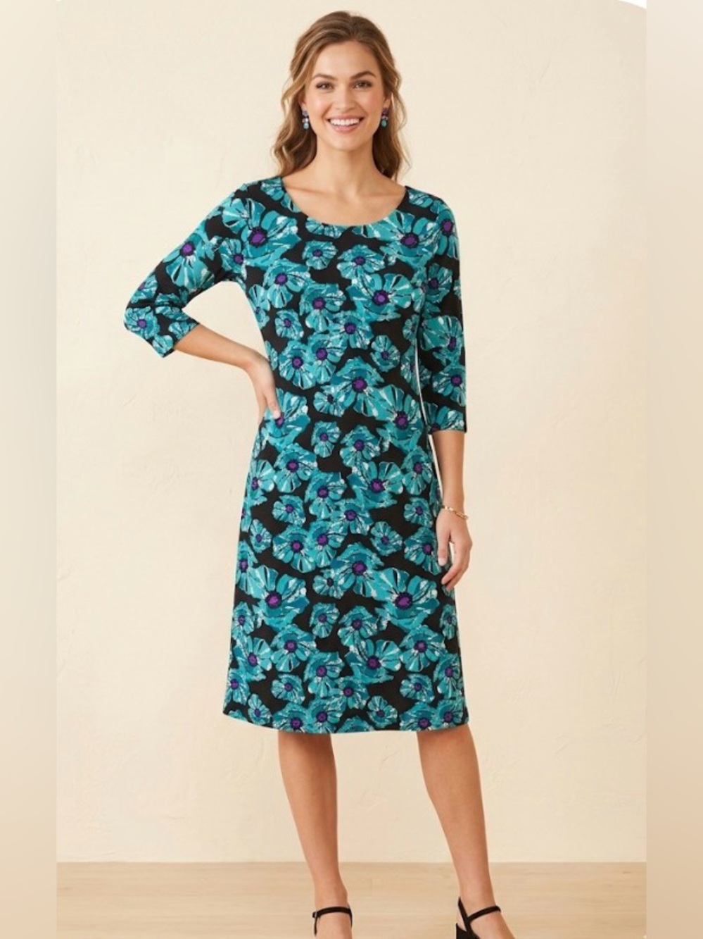 Soybu dress size large black with turquoise, white purple flowers